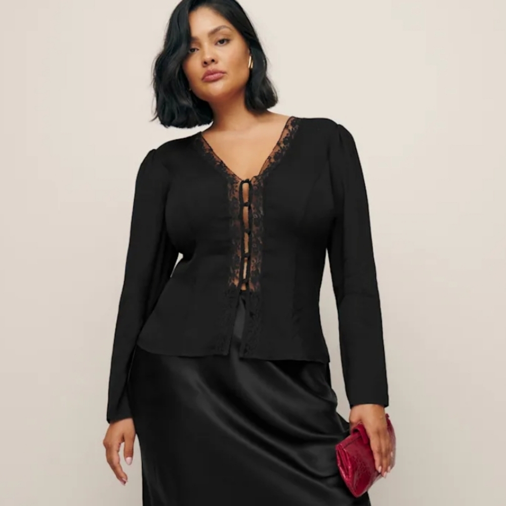REFORMATION Women's Black 'Nadine' Top Button Down Blouse Lace Trim Size 18